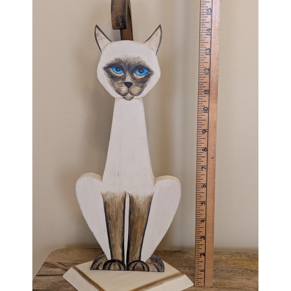 Vintage Siamese Cat Hand Painted Wood Cutout 17" Shelf Sitter w/Long Swivel Tail
